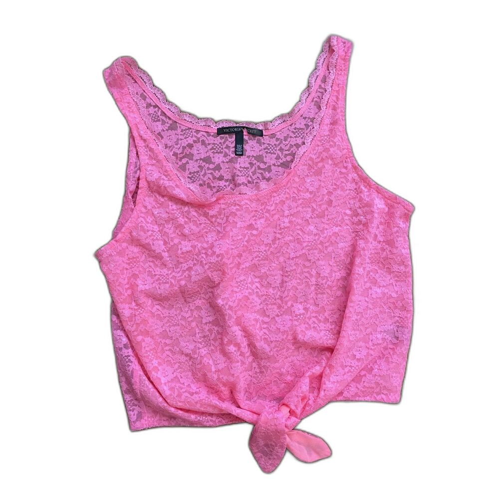 Victoria's Secret Sheer Hot Pink Lace Tie Scoop Neck Front Tank Size M